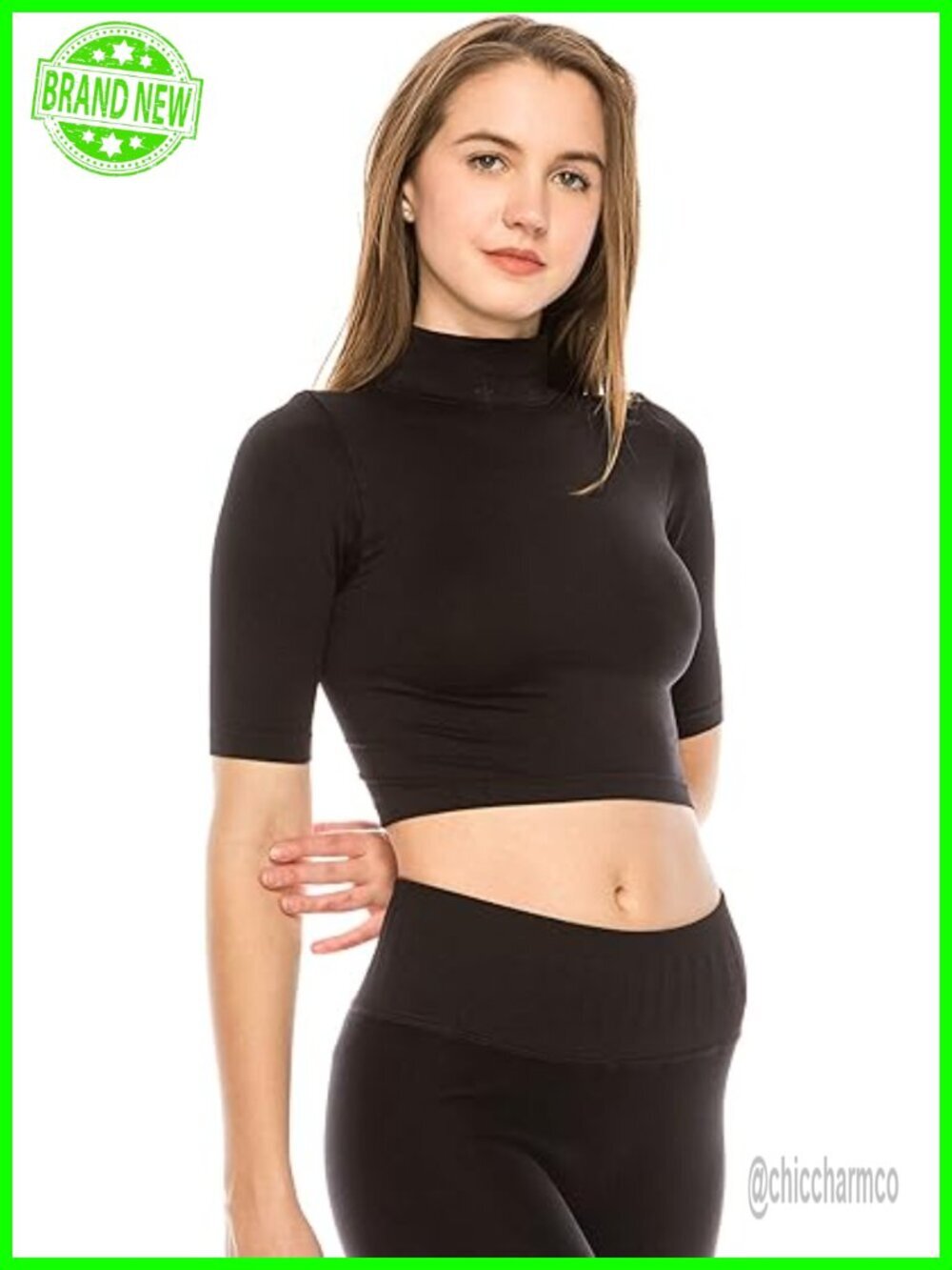Mock Neck Elbow Length Sleeve Slim Fitted Ribbed Turtleneck Crop Top